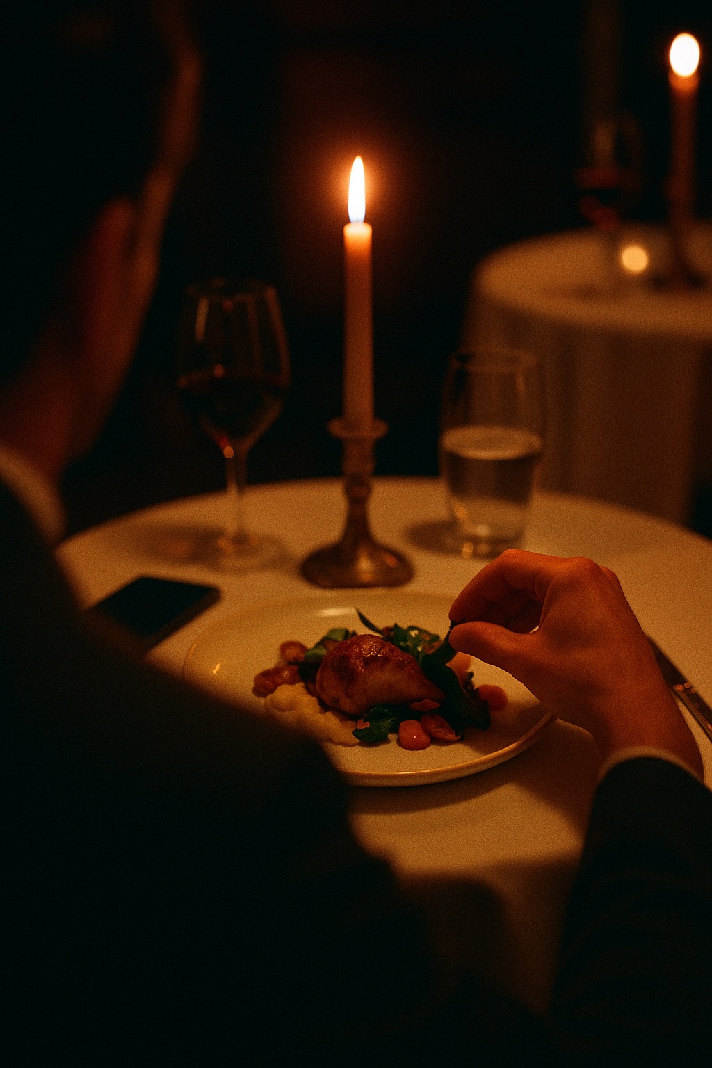 A creator at a candlelit table, arranging a plated dish