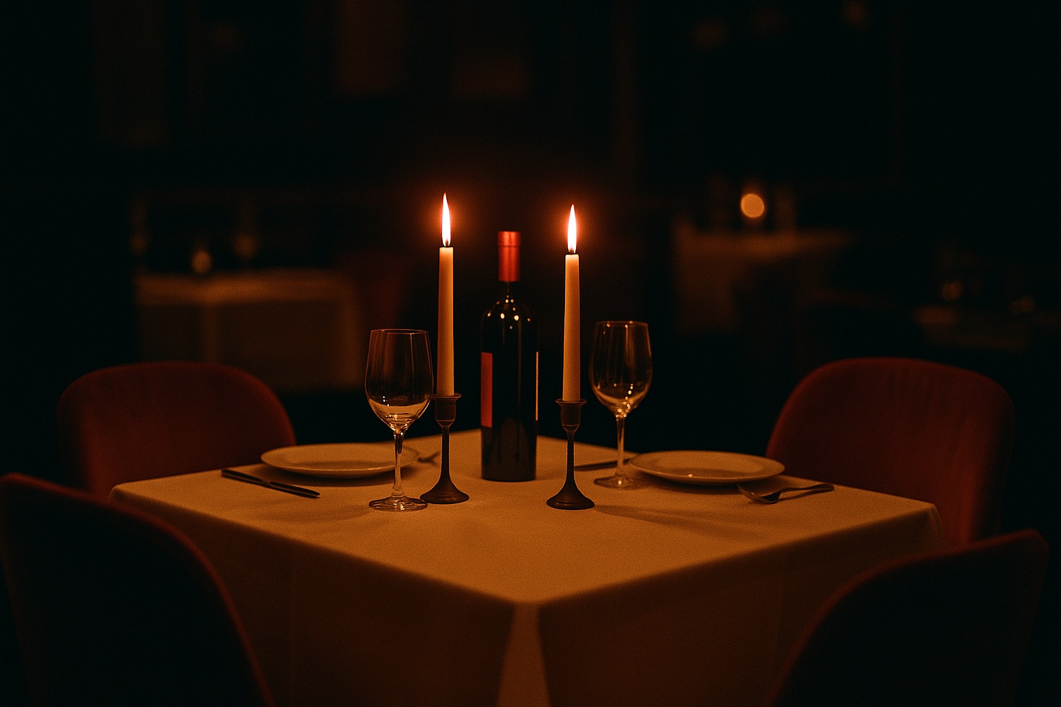 A candlelit table for two in a dark Los Angeles restaurant, waiting