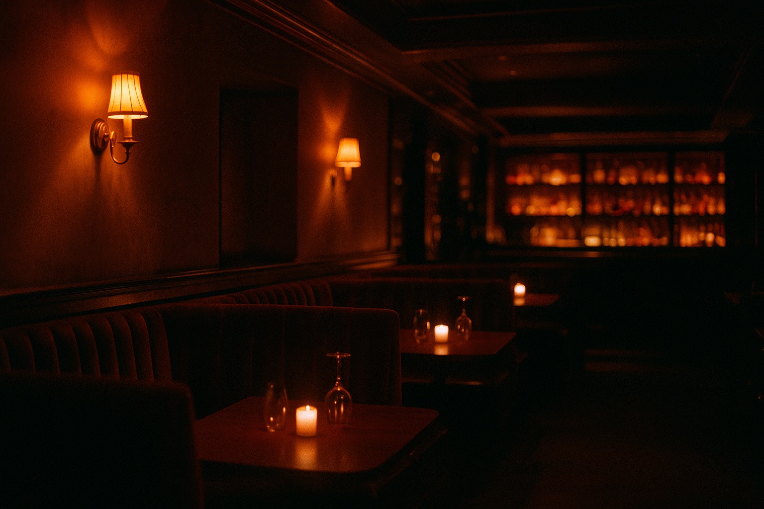 A moody, candlelit Los Angeles restaurant interior at night